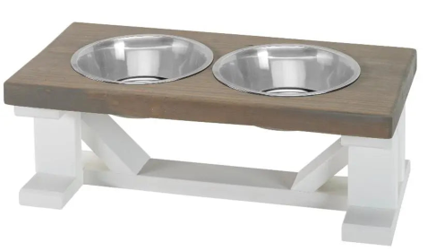 Farmhouse 2-Bowl Elevated Dog Feeder Grey Medium, White Base