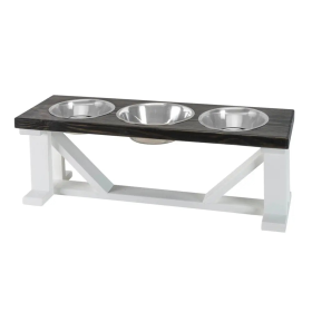 Farmhouse 3-Bowl Elevated Dog Feeder Ebony Small, White Base