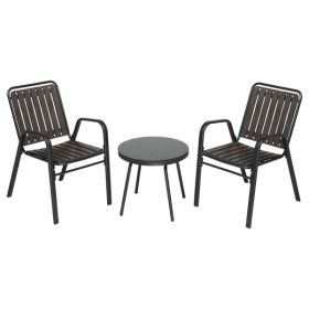 3-Piece Patio Bistro Table Set, Outdoor Furniture Set with 2 Stackable Patio Dining Chairs and Glass Table for Yard Balcony Porch, Black and Coffee