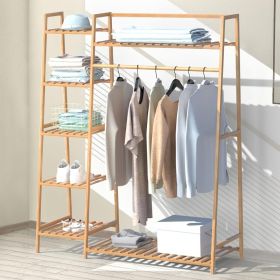 43.5" Bamboo Garment Rack - Free Standing Clothes Coat Hanger, Rolling Closet Organizer with Shoe Rack, Wardrobe Storage Shelves