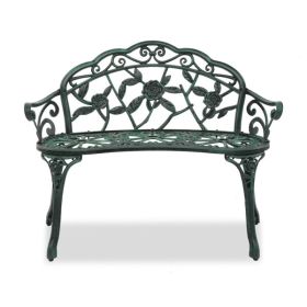 Outdoor Cast Aluminum Patio Bench, Porch Bench Chair with Curved Legs Rose Pattern, Antique Green