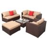 7 Pieces Wood Grain Patio PE Wicker Rattan Corner Sofa Set