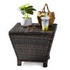 Outdoor PE Wicker Side Table with Storage, Small Patio Storage Bin Container for Hose Cushion Towel, Brown