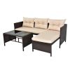 3 Piece Outdoor PE Rattan Furniture Set, Patio Black Wicker Conversation Loveseat Sofa Sectional Couch Khaki Cushion