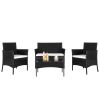 2pcs Arm Chairs 1pc Love Seat & Tempered Glass Coffee Table Rattan Sofa Set Black