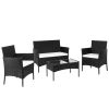 2pcs Arm Chairs 1pc Love Seat & Tempered Glass Coffee Table Rattan Sofa Set Black