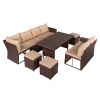 8-Piece Set Outdoor Rattan Dining Table And Chair Brown Wood Grain Rattan Khaki Cushion Plastic Wood Surface