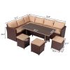 8-Piece Set Outdoor Rattan Dining Table And Chair Brown Wood Grain Rattan Khaki Cushion Plastic Wood Surface