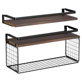 Floating Shelves with Wire Storage Basket Bathroom Shelves Over Toilet with Protective Metal Guardrail Wood Wall Shelves