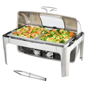 Rectangle Roll Top Chafing Dish with 9Qt Pan Visual Glass Lid Fuel Holder